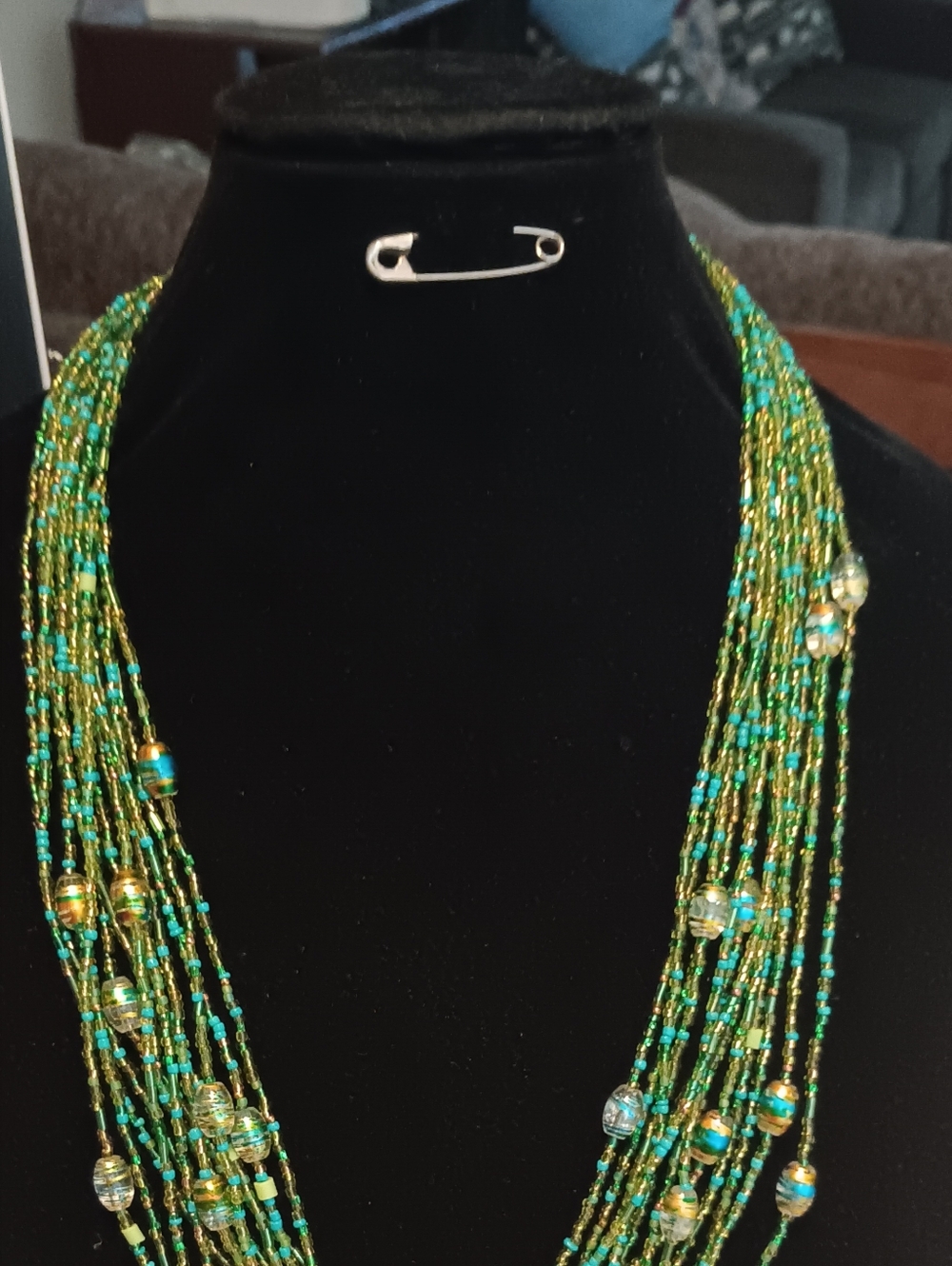 Multistrand Green and Gold Beaded Necklace - Elegant Women Jewelry